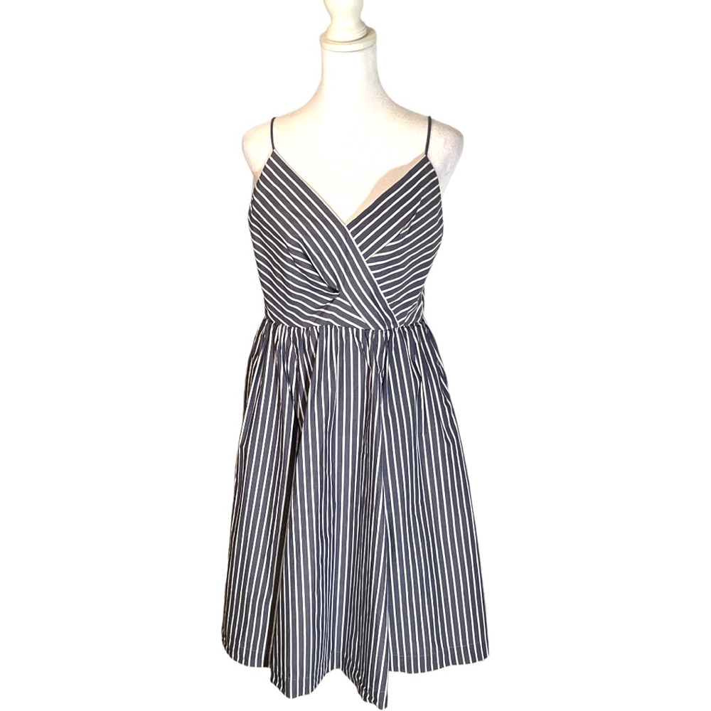 J. Crew Cotton Fit & Flare Sundress in Chambray and White Stripe w Pockets, Sz 6